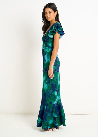 Gini London Green Watercolour Floral Maxi Dress