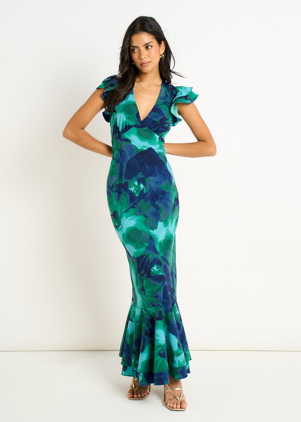 Gini London Green Watercolour Floral Maxi Dress