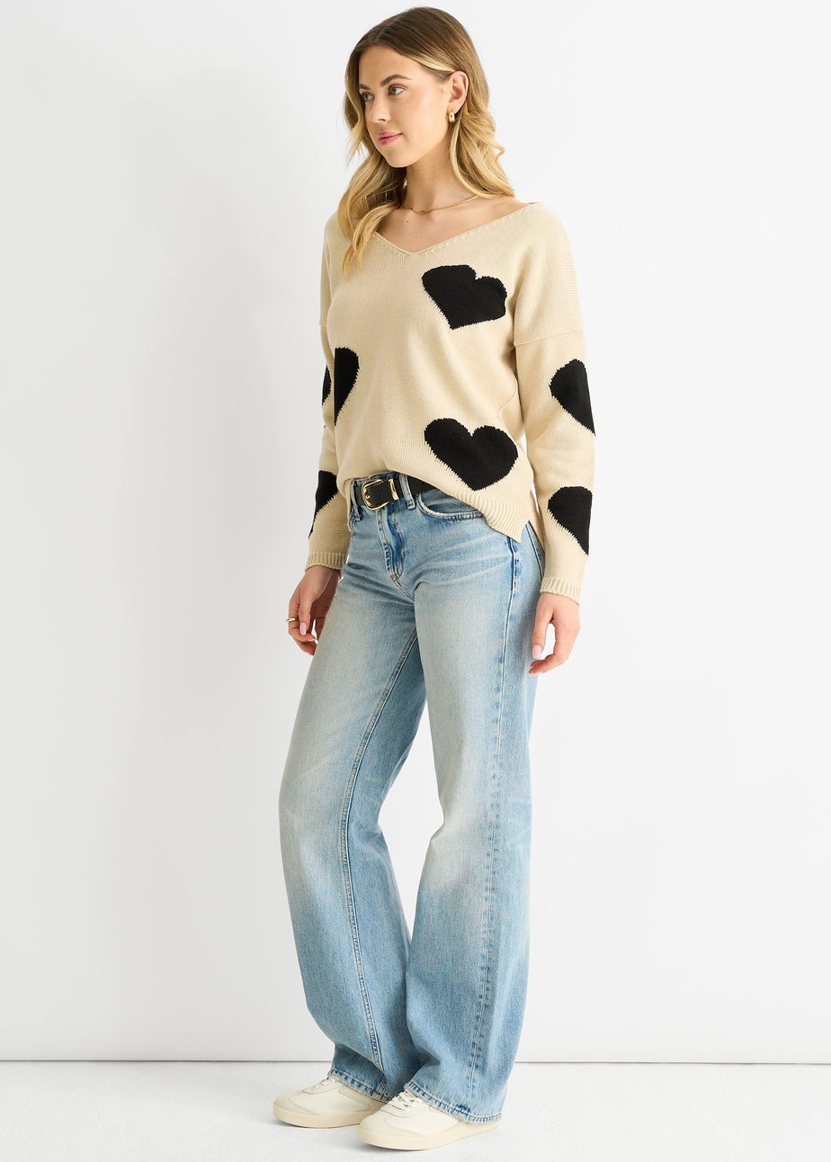 Gini London Beige V Neck Oversized Heart Knit Jumper