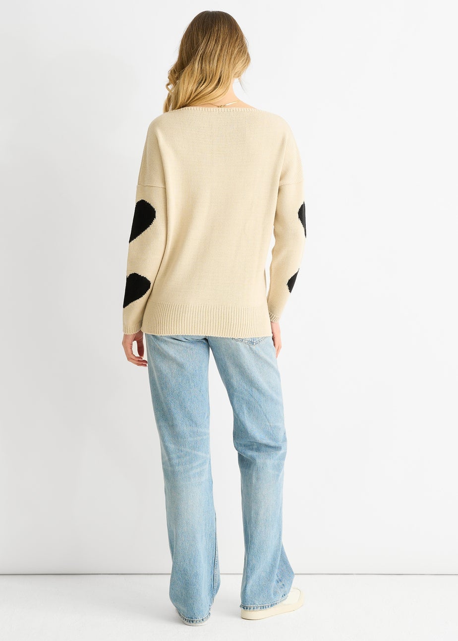 Gini London Beige V Neck Oversized Heart Knit Jumper
