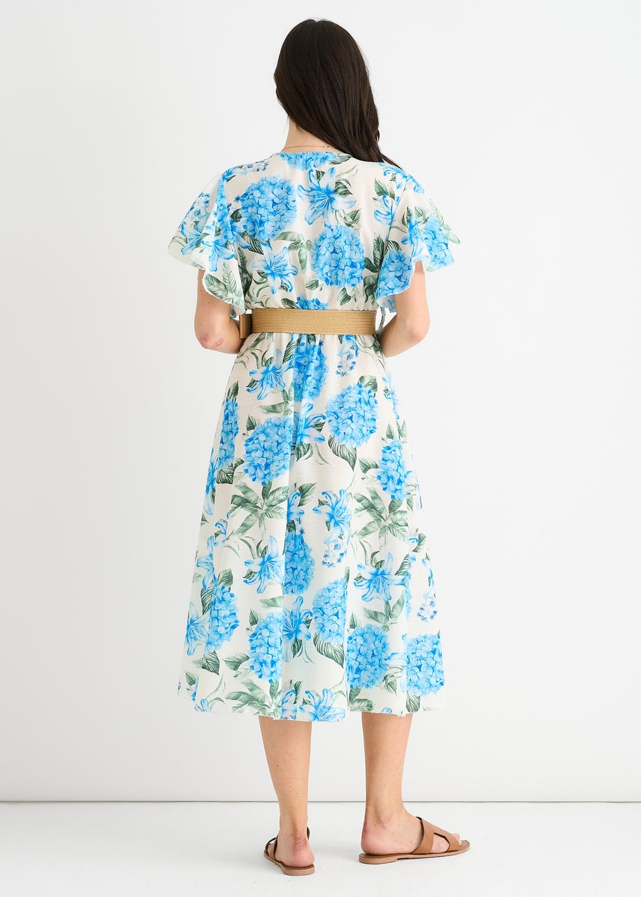Gini London Blue Floral Print Angel Sleeves Belted Wrap Midi Dress