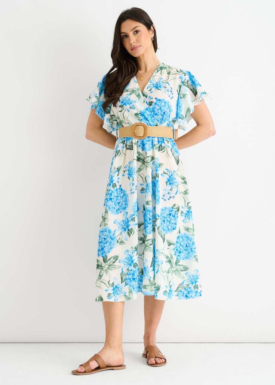 Gini London Blue Floral Print Angel Sleeves Belted Wrap Midi Dress