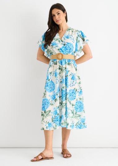 Gini London Blue Floral Print Angel Sleeves Belted Wrap Midi Dress