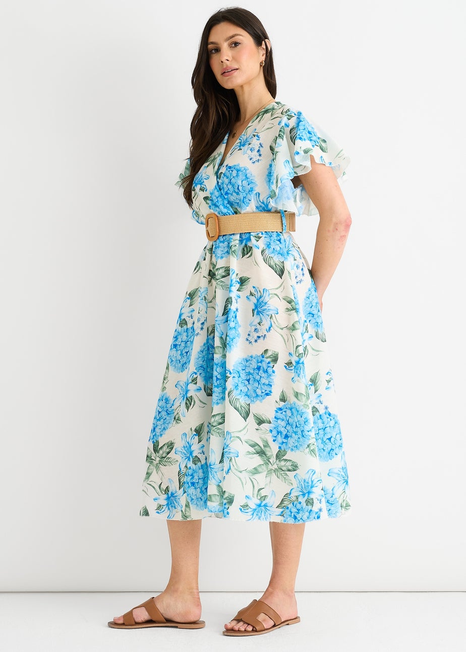 Gini London Blue Floral Print Angel Sleeves Belted Wrap Midi Dress