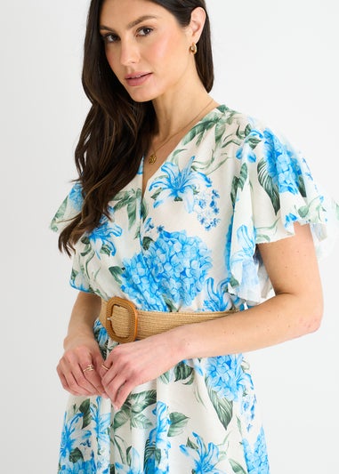Gini London Blue Floral Print Angel Sleeves Belted Wrap Midi Dress