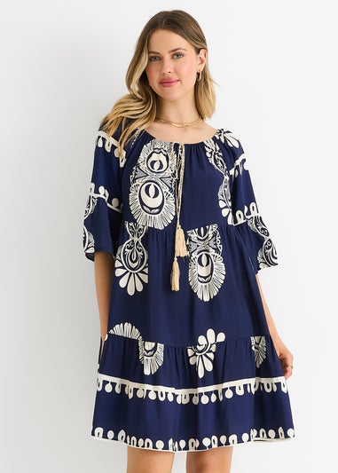 Gini London Navy Blue Bardot Flared Viscose Mini Dress