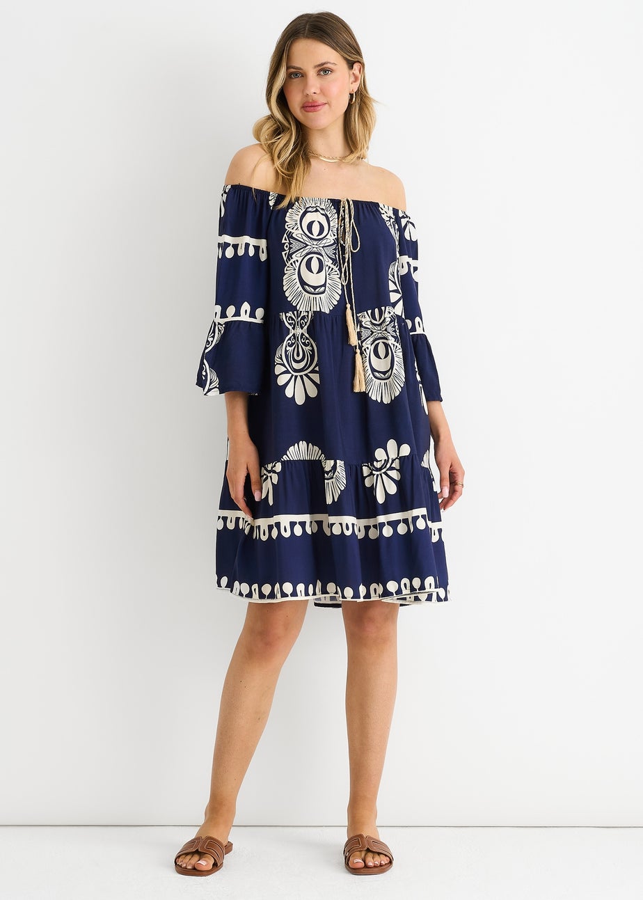 Gini London Navy Blue Bardot Flared Viscose Mini Dress