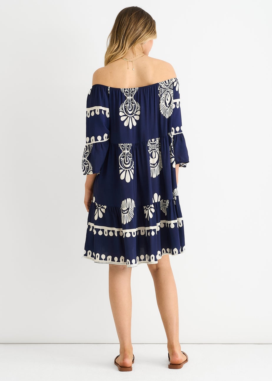 Gini London Navy Blue Bardot Flared Viscose Mini Dress