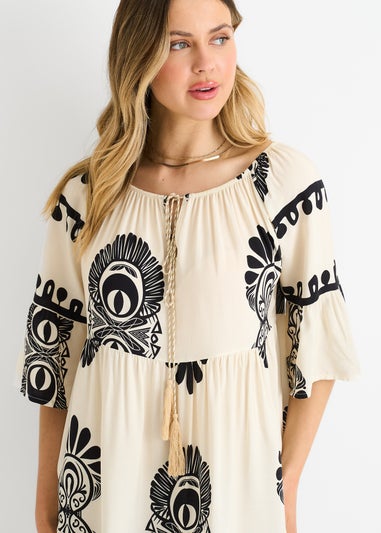 Gini London Cream Bardot Flared Viscose Mini Dress