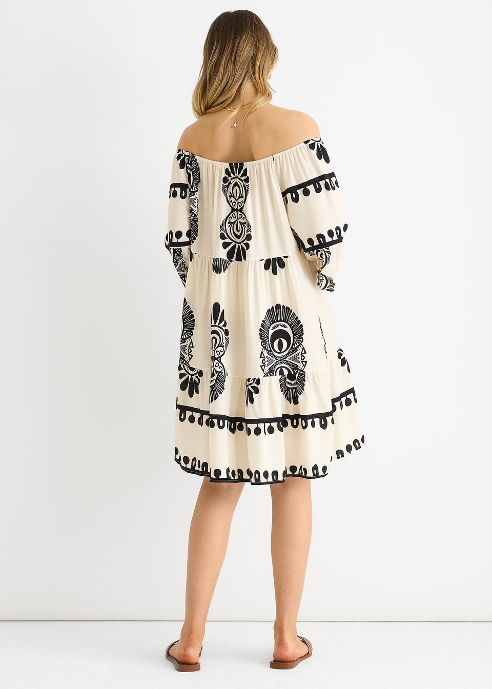 Gini London Cream Bardot Flared Viscose Mini Dress