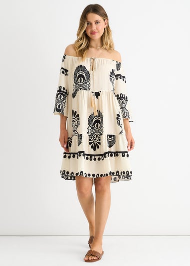 Gini London Cream Bardot Flared Viscose Mini Dress