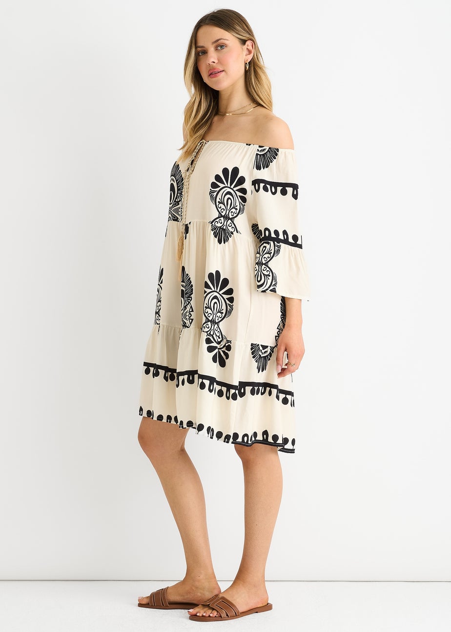 Gini London Cream Bardot Flared Viscose Mini Dress