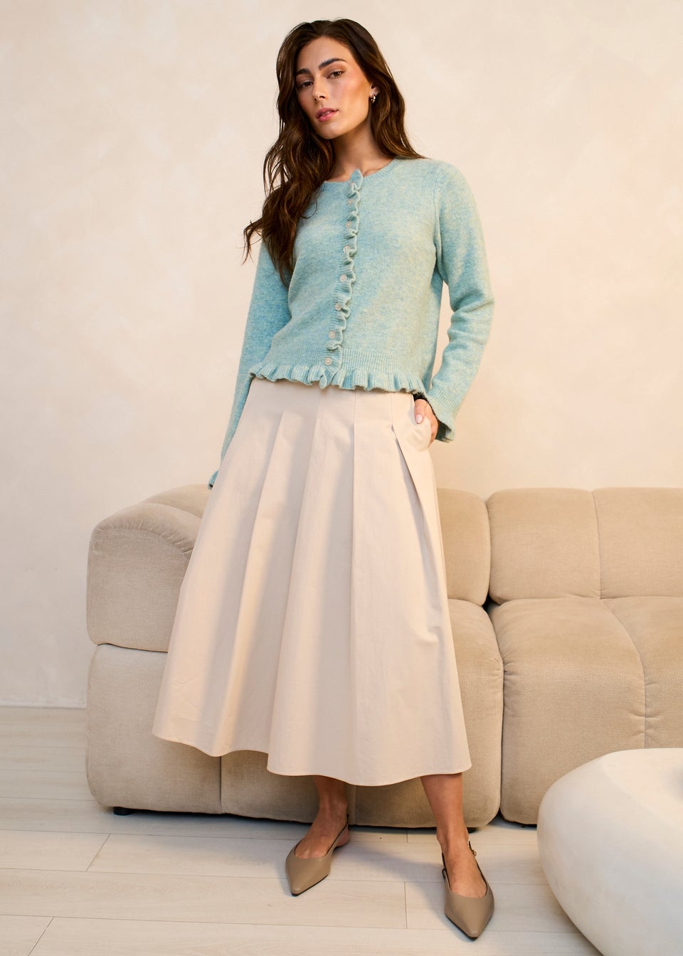 Gini London Stone Cotton Pleated Full Midi Skirt