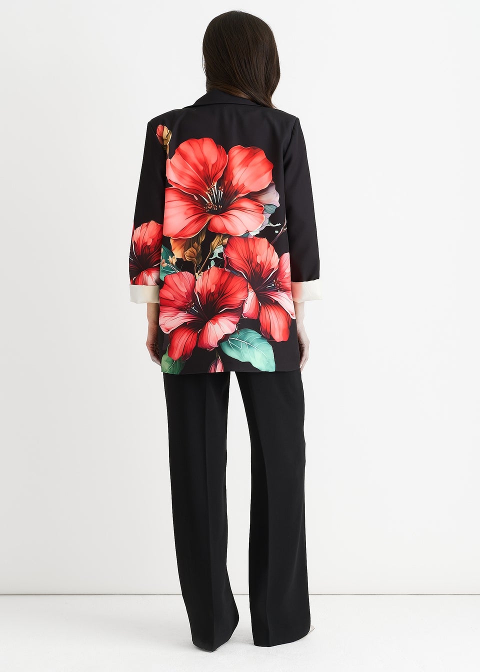 Gini London Black Floral Contrast lined Oversized Blazer