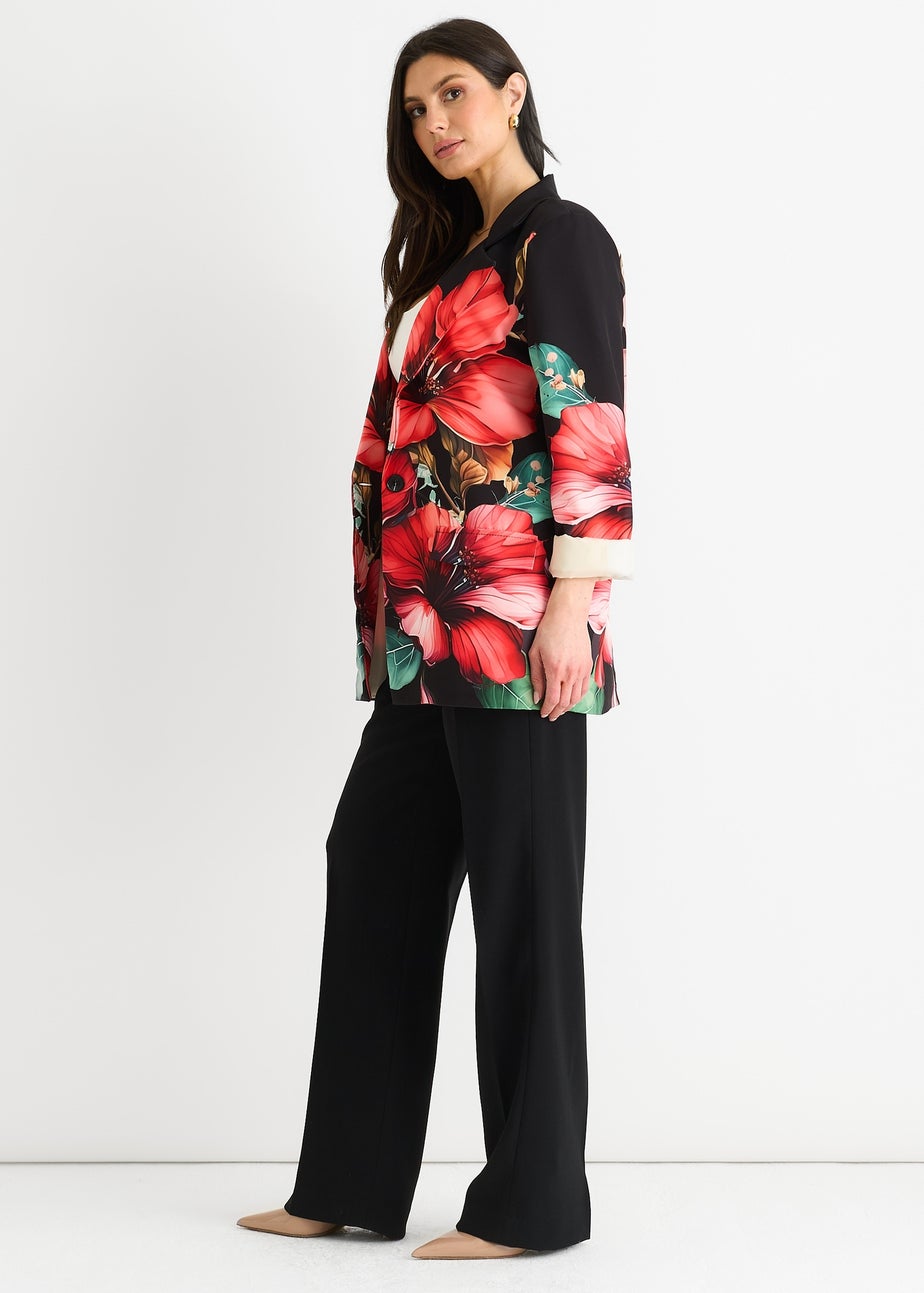Gini London Black Floral Contrast lined Oversized Blazer