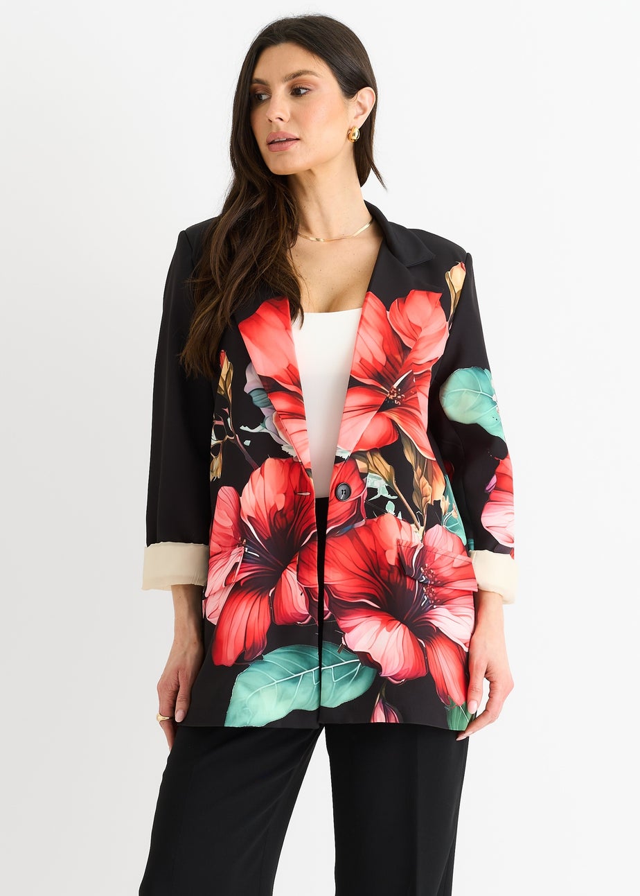 Gini London Black Floral Contrast lined Oversized Blazer