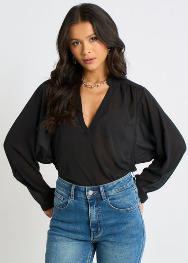 Gini London Black Textured Chiffon Oversized Blouse