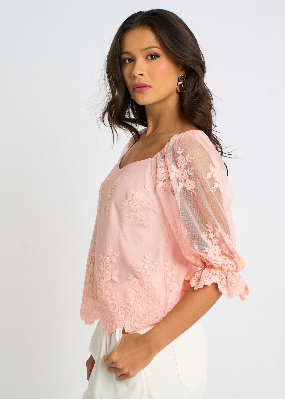 Gini London Pink Embroidered Lace Scallop Blouse