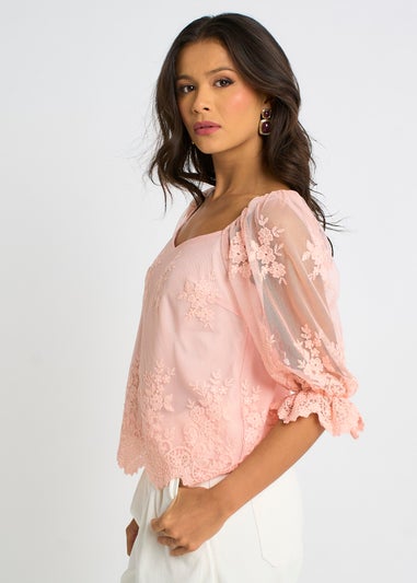 Gini London Pink Embroidered Lace Scallop Blouse