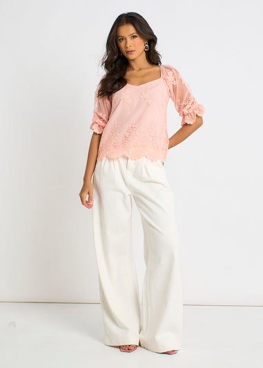 Gini London Pink Embroidered Lace Scallop Blouse