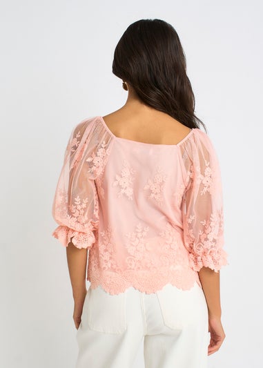 Gini London Pink Embroidered Lace Scallop Blouse