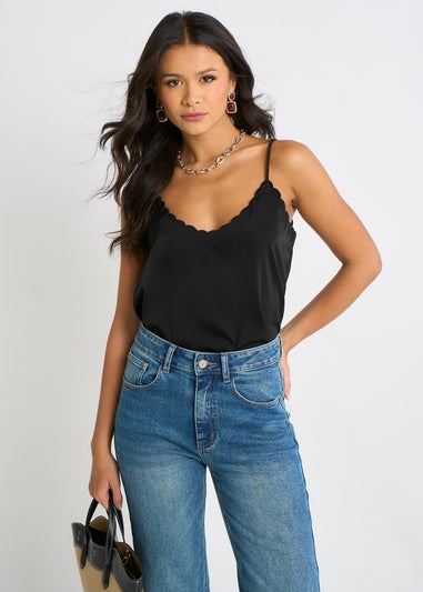 Gini London Black Scallop Trim Satin Cami Top