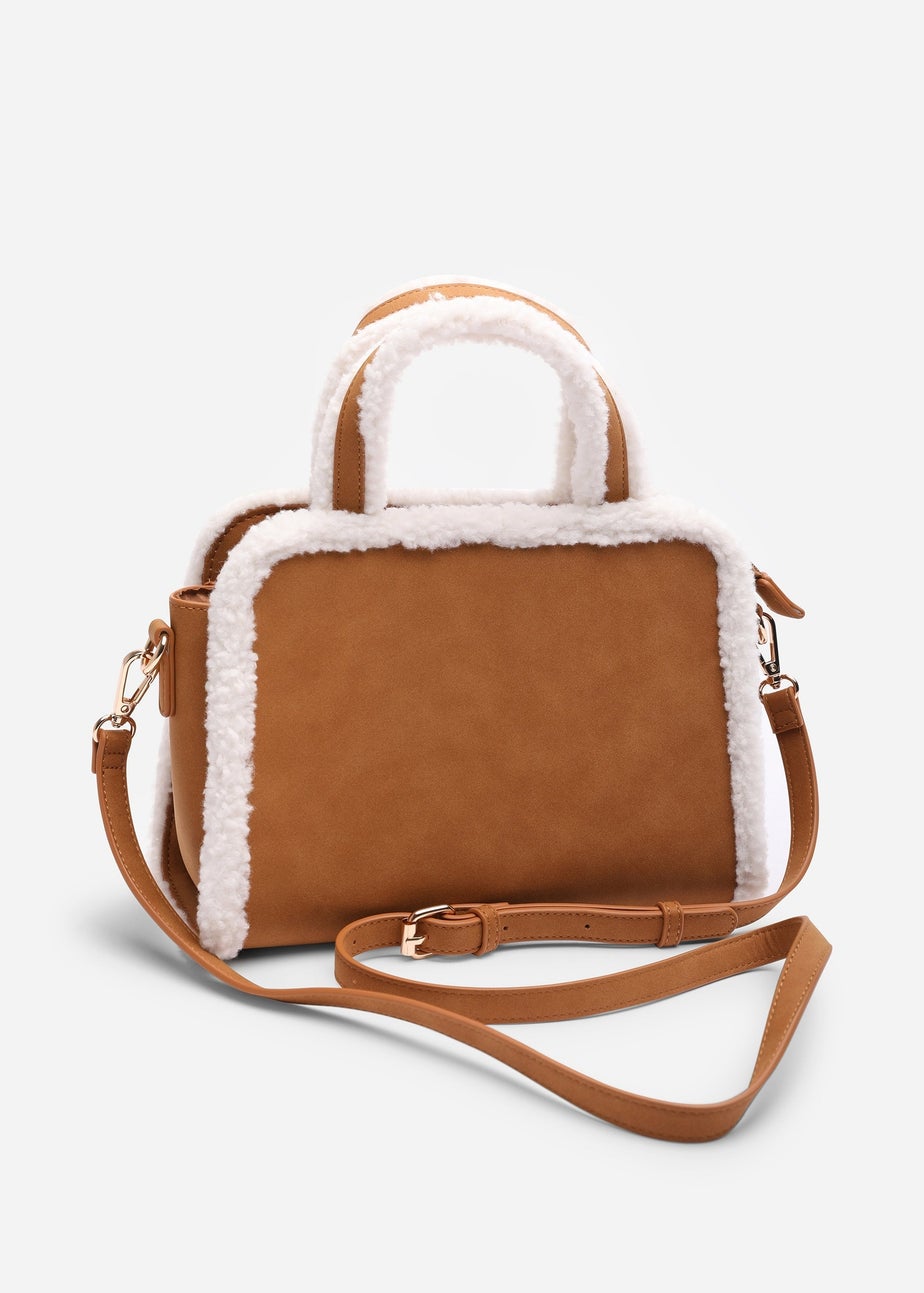 Where's That From Womens Kismet Borg Trim Tote Bag with Cross Body Strap In Camel