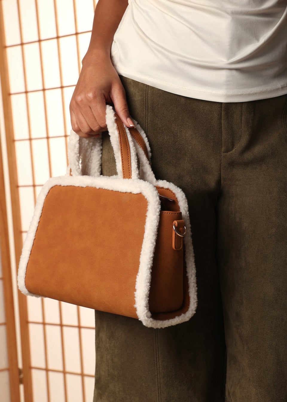 Where's That From Womens Kismet Borg Trim Tote Bag with Cross Body Strap In Camel