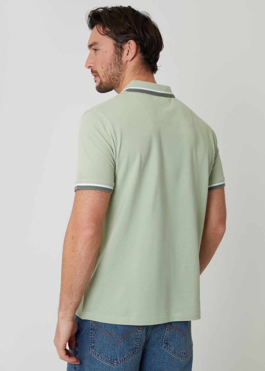 Threadbare Soft Green Herringbone Tipping Cotton Pique Polo Shirt