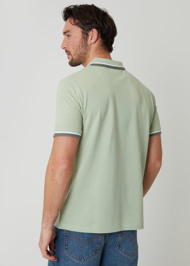 Threadbare Soft Green Herringbone Tipping Cotton Pique Polo Shirt