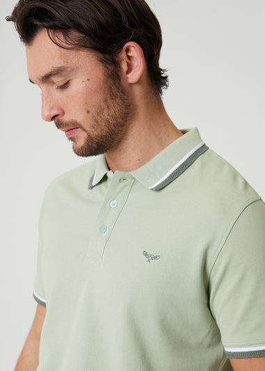 Threadbare Soft Green Herringbone Tipping Cotton Pique Polo Shirt