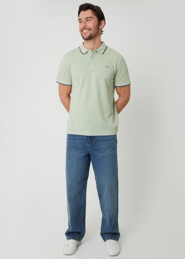 Threadbare Soft Green Herringbone Tipping Cotton Pique Polo Shirt
