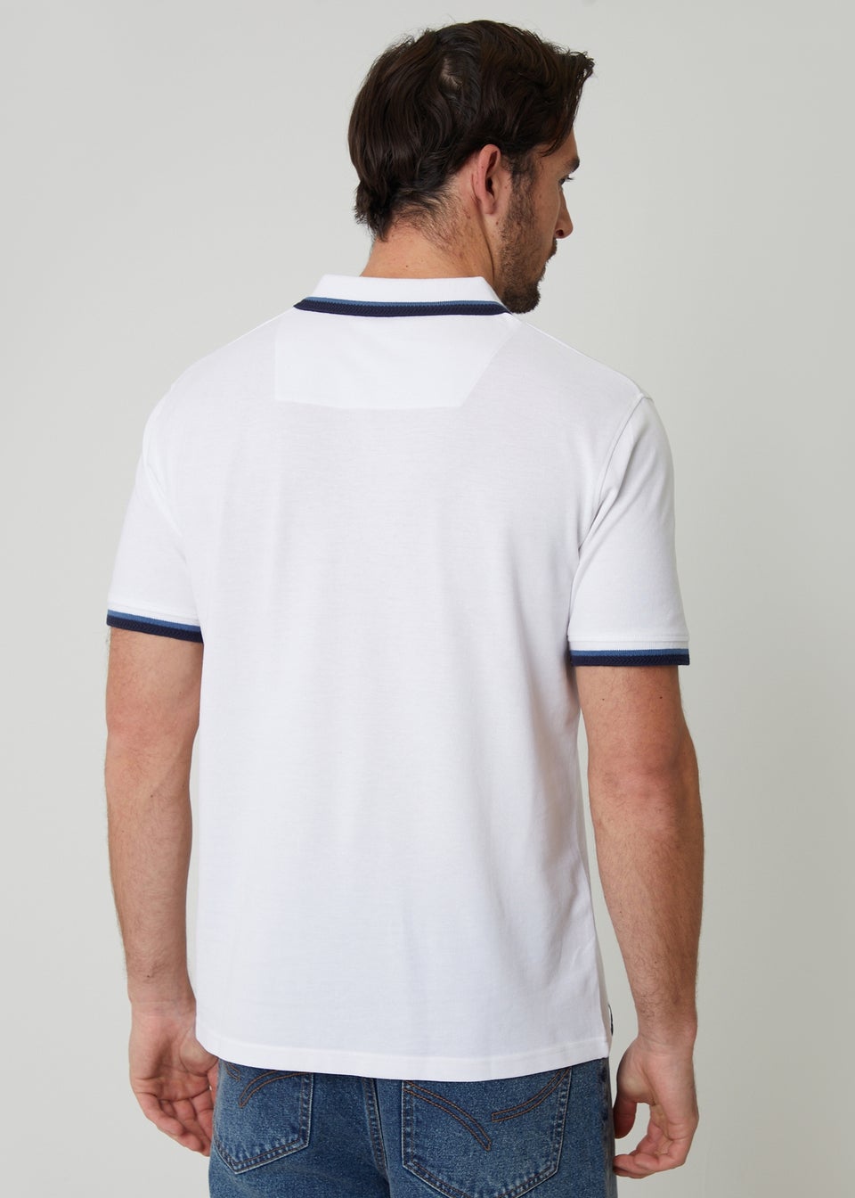 Threadbare White Herringbone Tipping Cotton Pique Polo Shirt