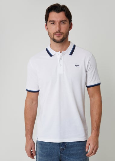 Threadbare White Herringbone Tipping Cotton Pique Polo Shirt