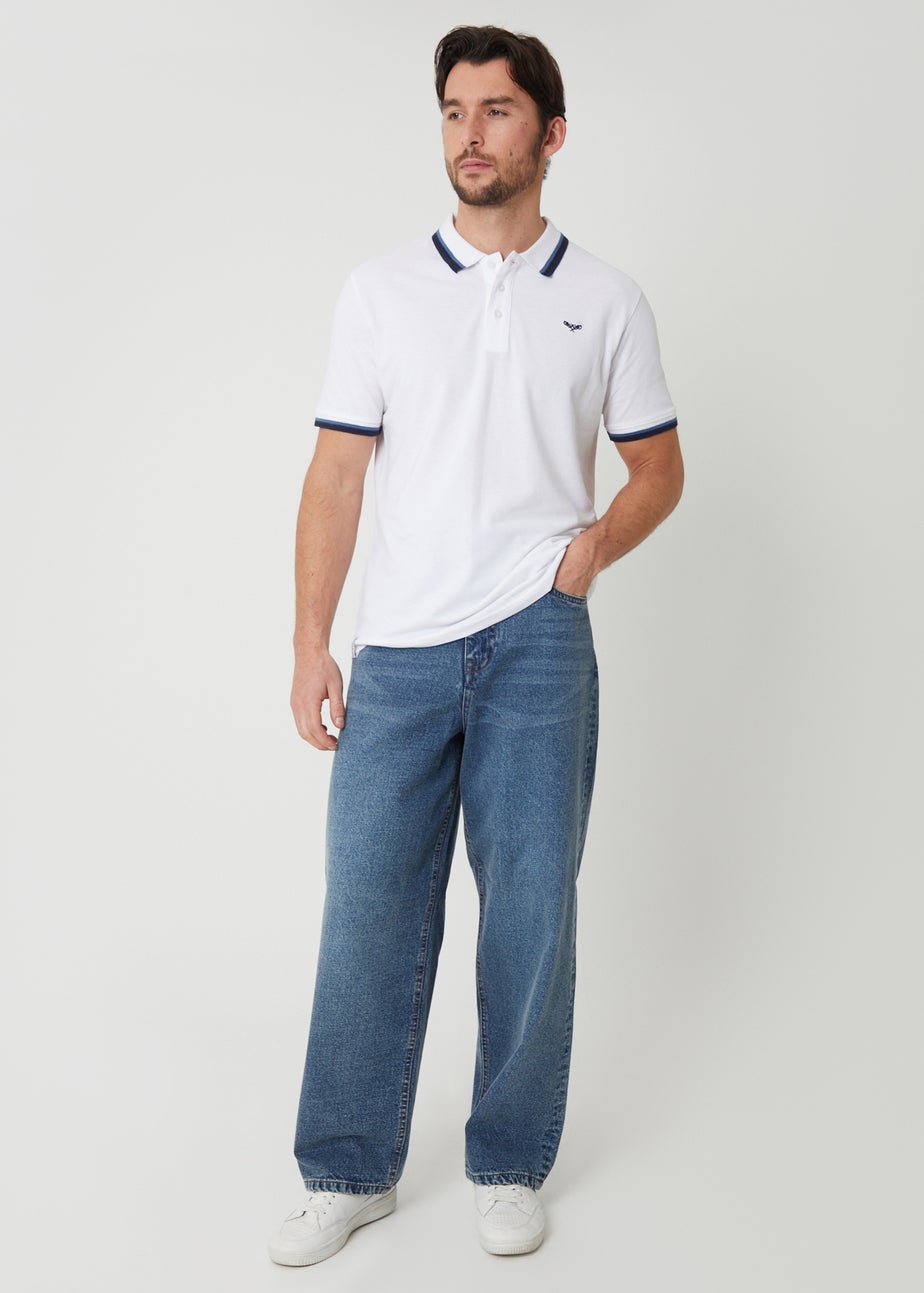 Threadbare White Herringbone Tipping Cotton Pique Polo Shirt