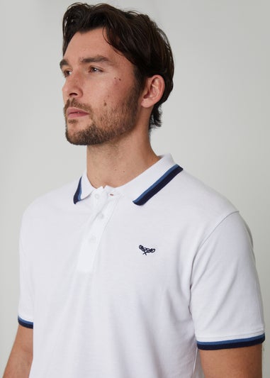 Threadbare White Herringbone Tipping Cotton Pique Polo Shirt