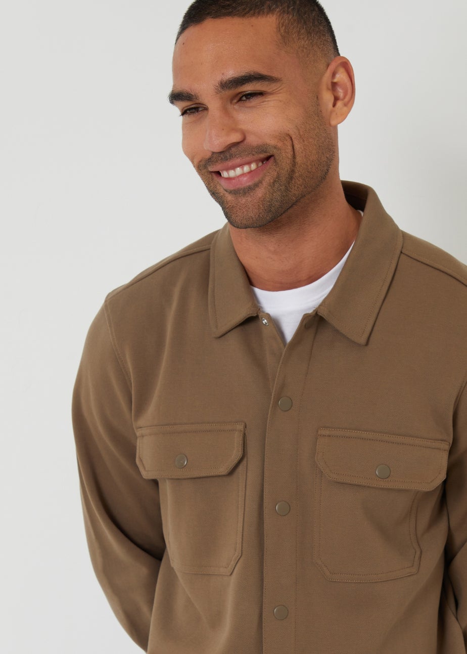 Threadbare Taupe Cotton Blend Popper Fastening Pique Shacket