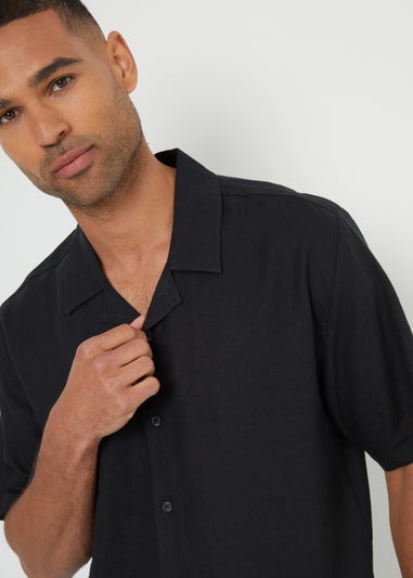Threadbare Black Kylian Linen Blend Revere Collar Short Sleeve Shirt