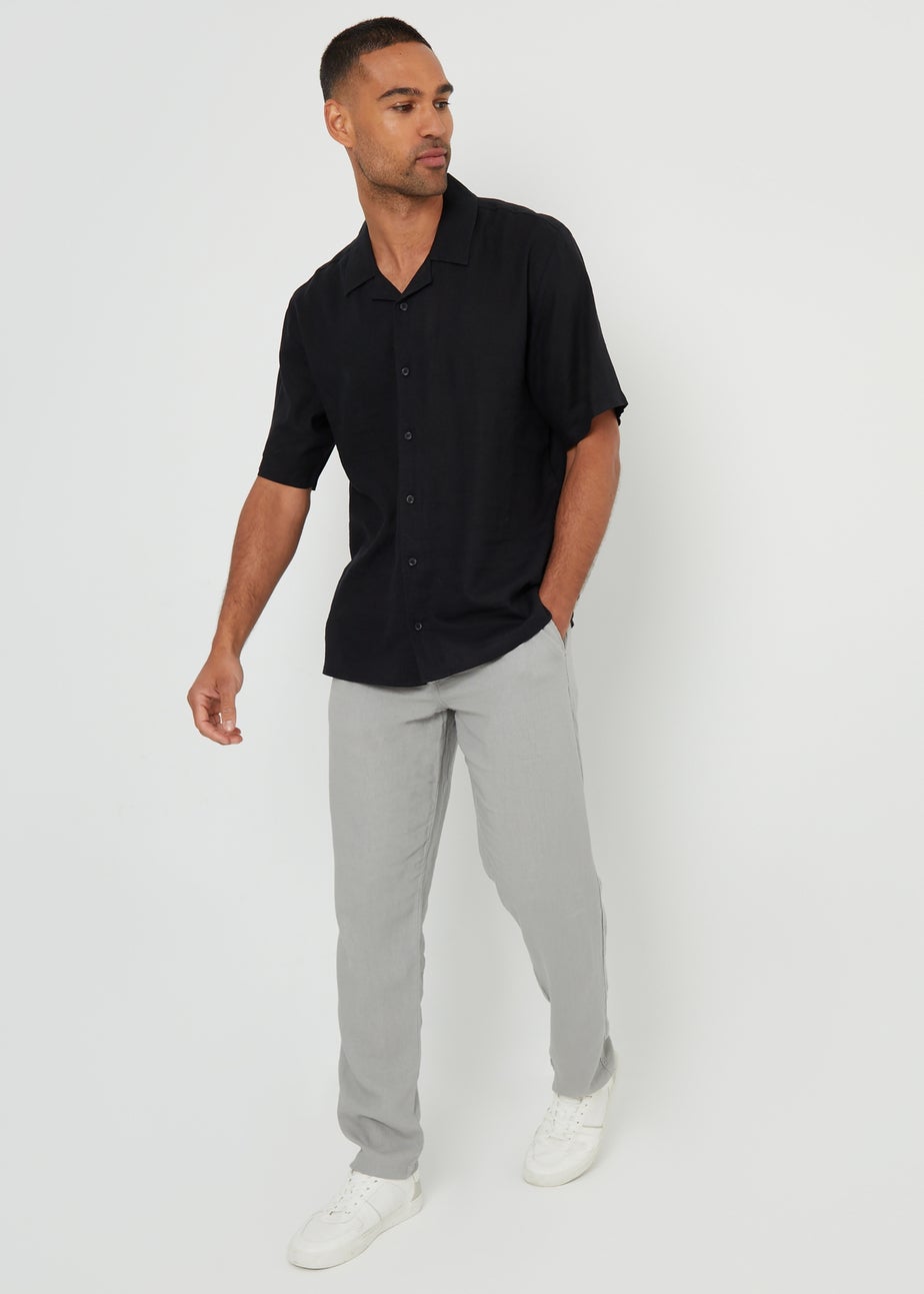 Threadbare Black Kylian Linen Blend Revere Collar Short Sleeve Shirt