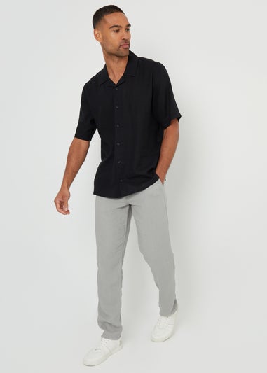 Threadbare Black Kylian Linen Blend Revere Collar Short Sleeve Shirt
