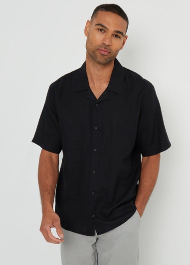 Threadbare Black Kylian Linen Blend Revere Collar Short Sleeve Shirt