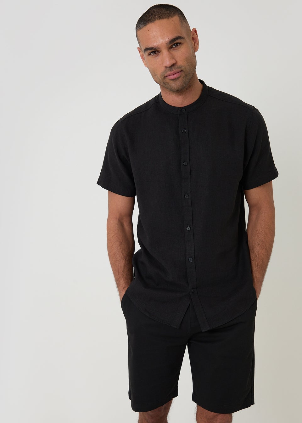Threadbare Black Grandad Collar Linen Blend Short Sleeve Shirt
