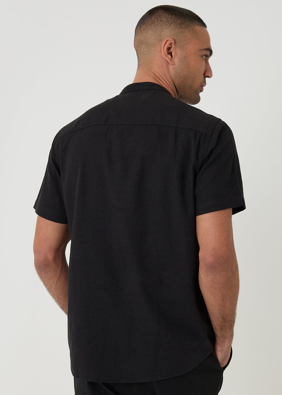 Threadbare Black Grandad Collar Linen Blend Short Sleeve Shirt