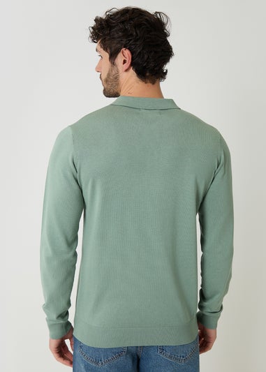 Threadbare Soft Green Knitted Long Sleeve Polo Jumper