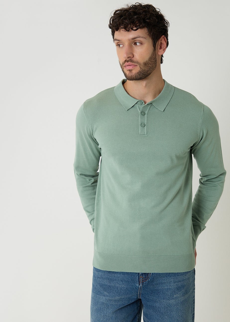 Threadbare Soft Green Knitted Long Sleeve Polo Jumper