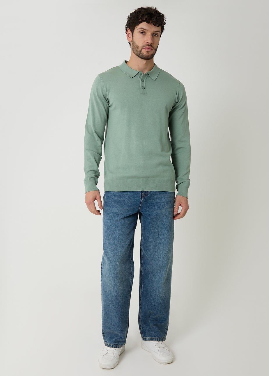 Threadbare Soft Green Knitted Long Sleeve Polo Jumper