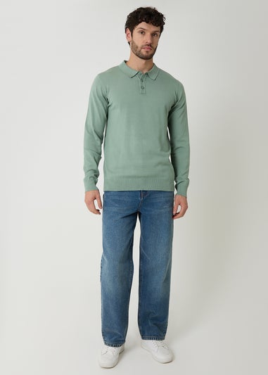 Threadbare Soft Green Knitted Long Sleeve Polo Jumper