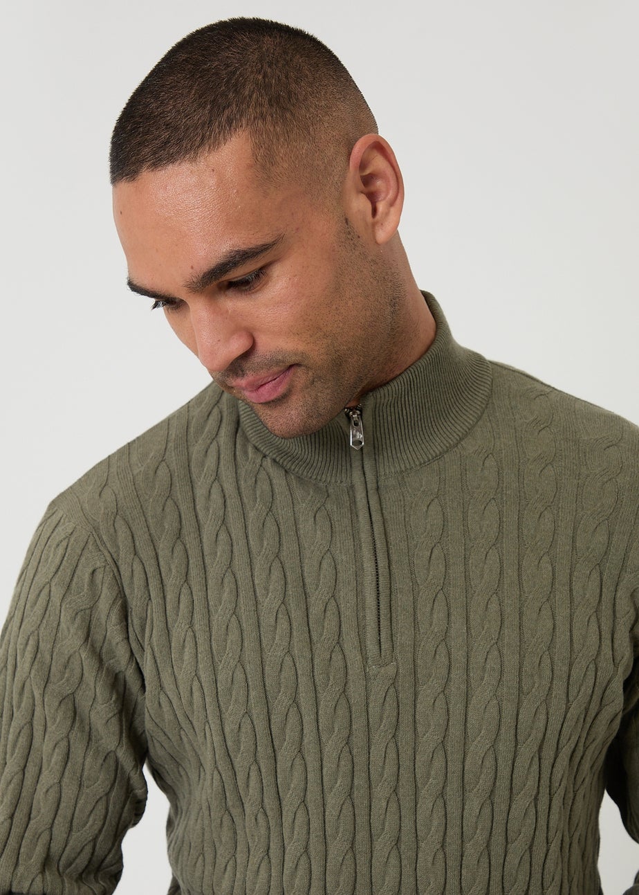 Threadbare Olive Cable Knit Quarter Zip Jumper