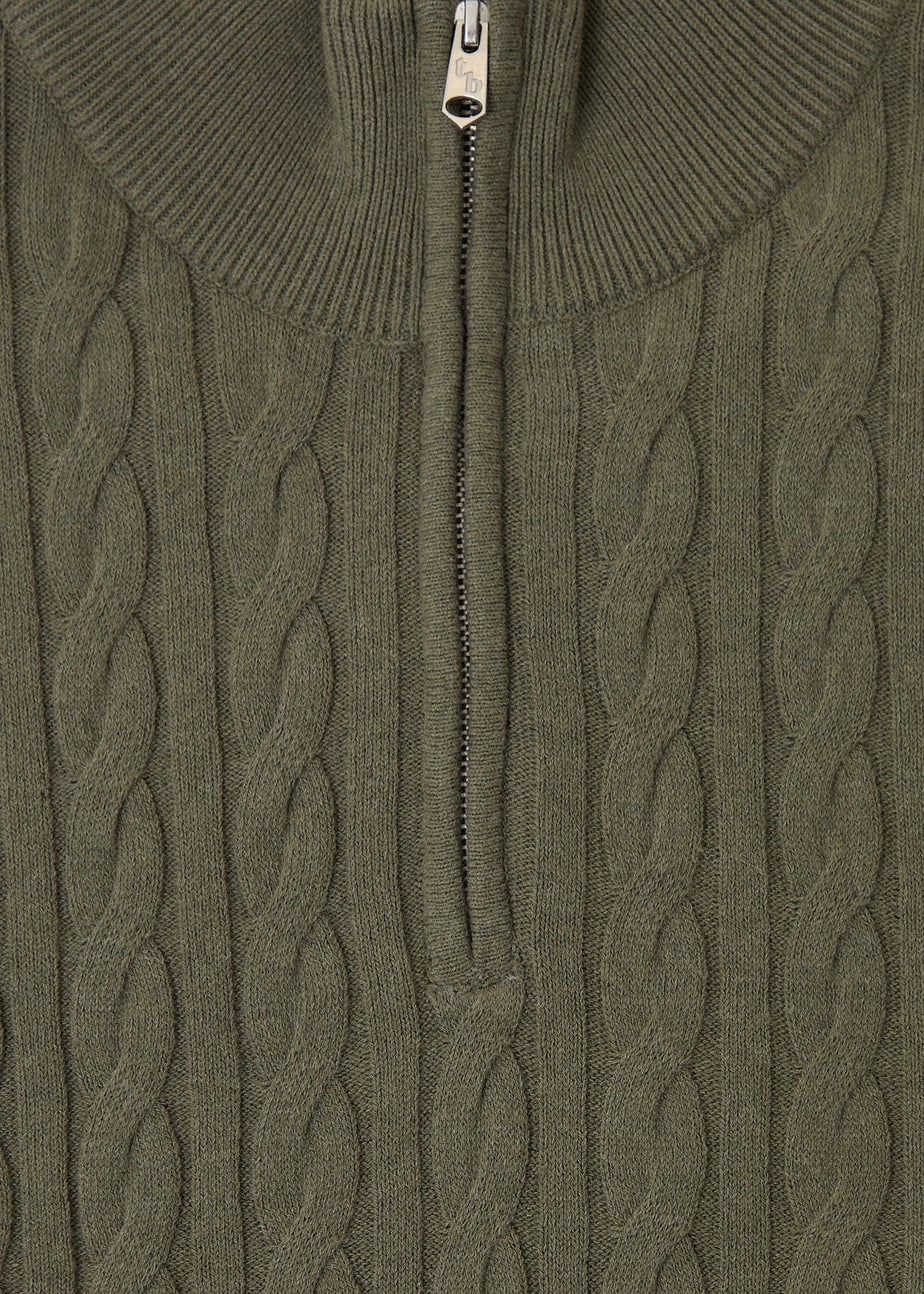 Threadbare Olive Cable Knit Quarter Zip Jumper