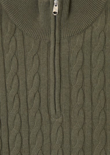Threadbare Olive Cable Knit Quarter Zip Jumper